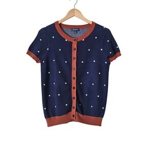 ModCloth Polka Dot Cardigan Sweater Navy Orange Sz S Rockabilly Retro Pinup